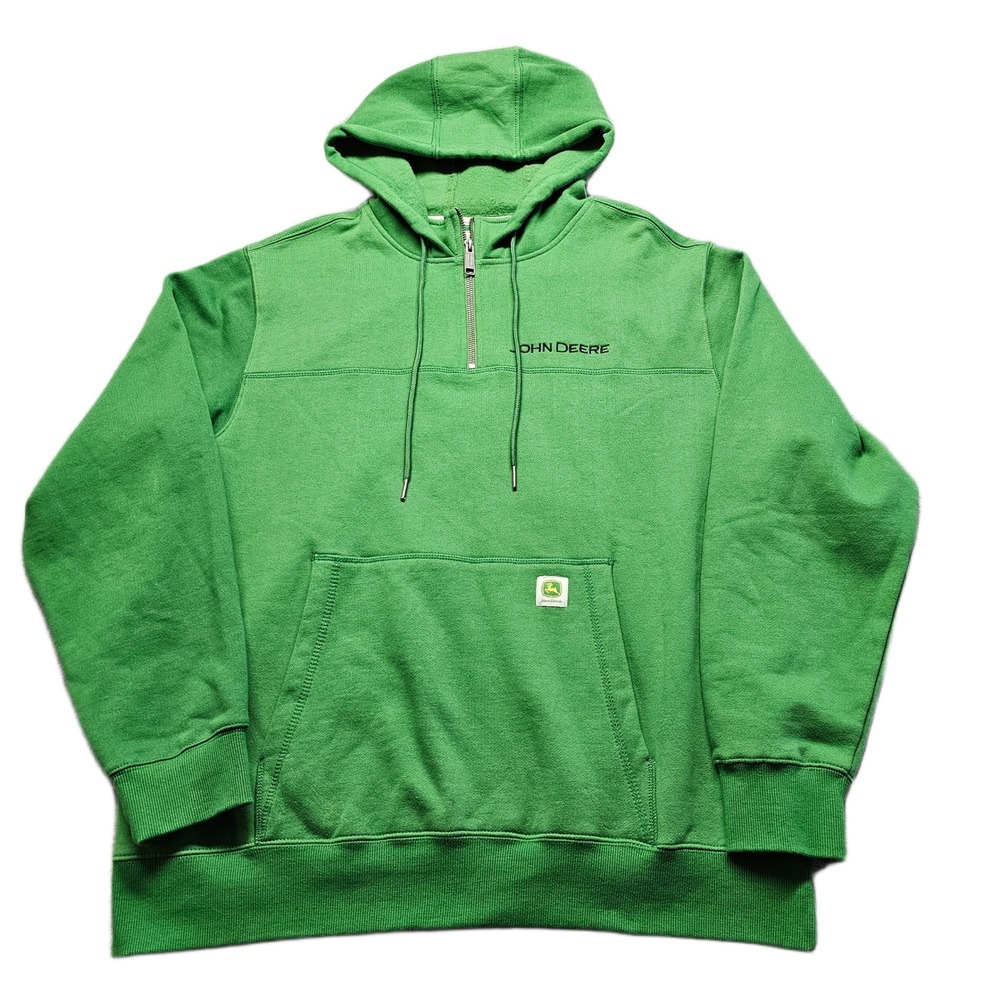 John Deere Hoodie Mens Large Green Fleece Lined Drawstring Qaurter Zip Pullover